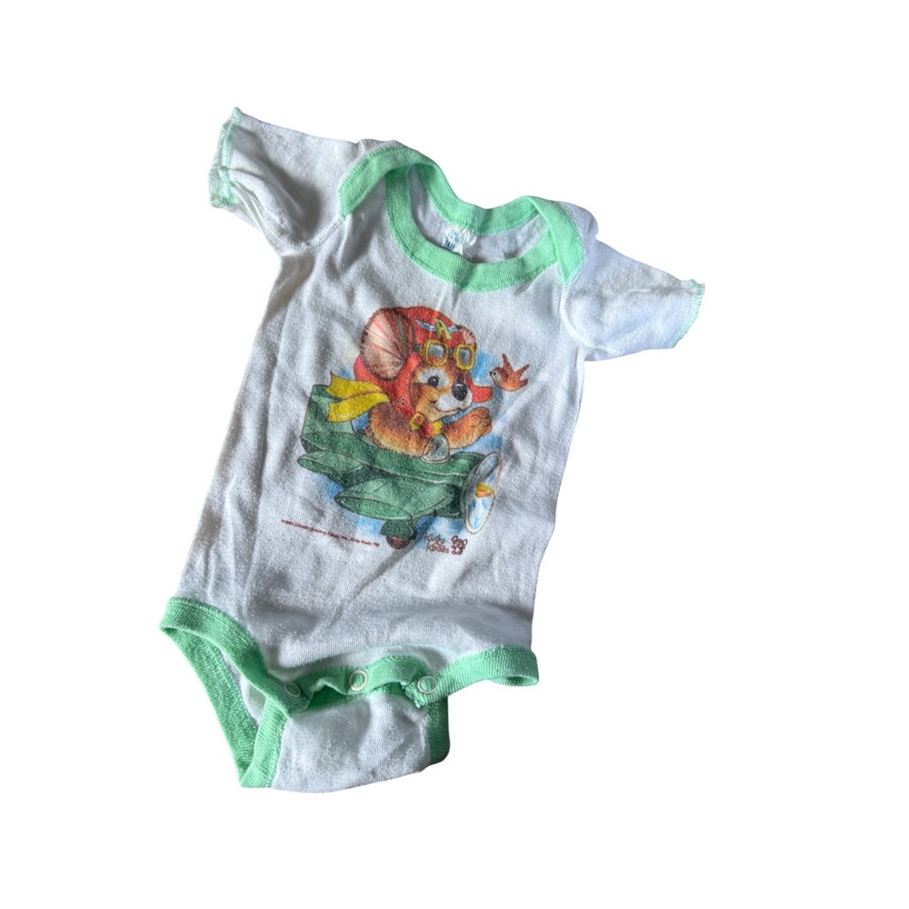 Vintage Curity Baby Knits Mouse Pilot Bodysuit White Green Small 14-18lb